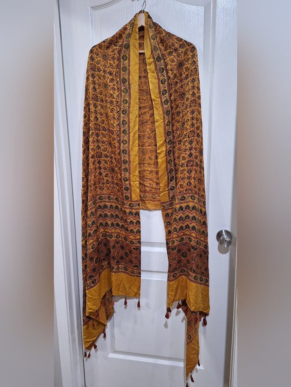 Fabindia 100% Pure Silk Dupatta Scarf Mustard Yellow Ajrakh Hand Block Print